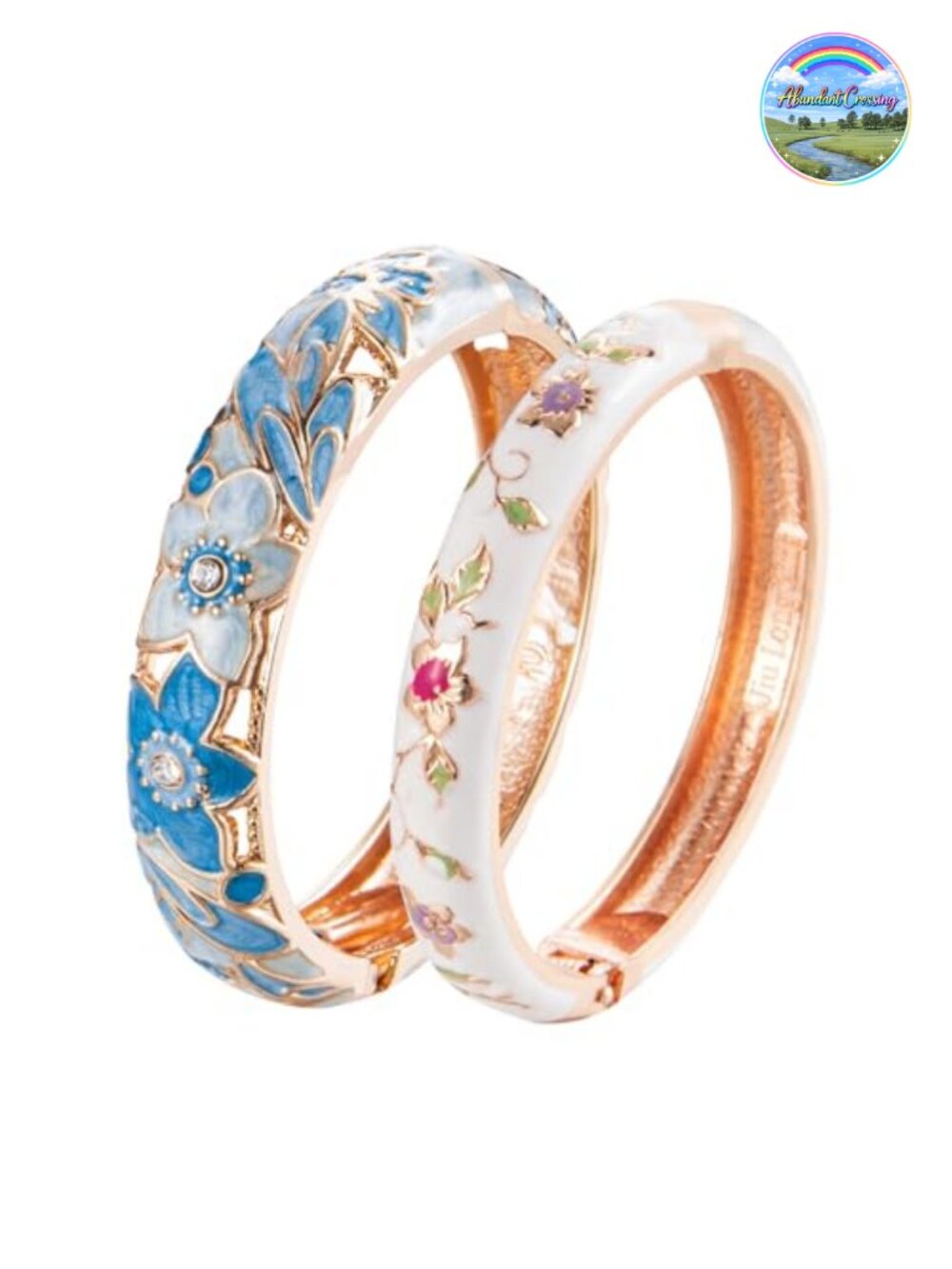 Vintage Cloisonne Enameled Rhinestone Rose Hinged Cuff Bracelet Set - 2 Pieces